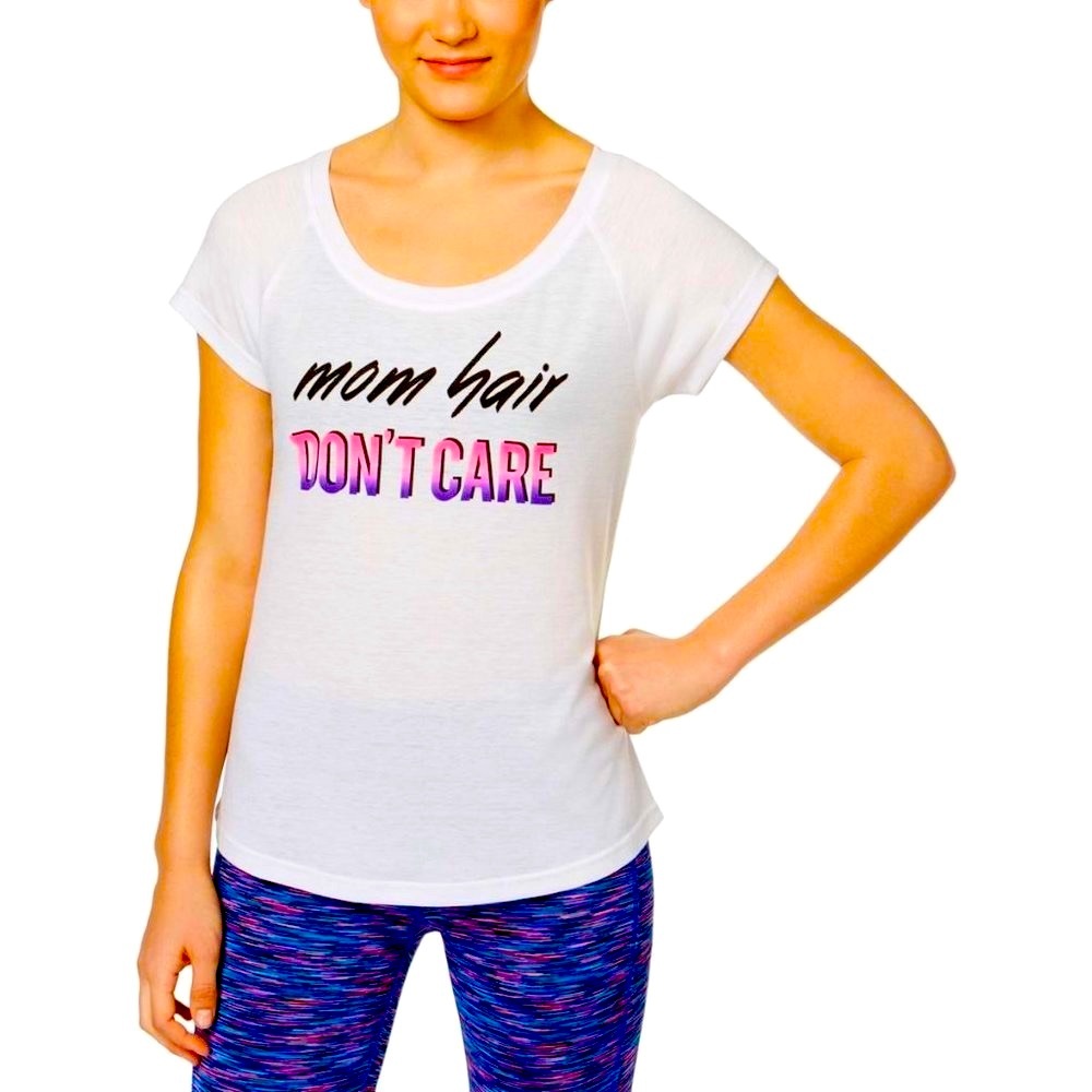 IDEOLOGY Graphic T "Mom Hair Don't Care YogaTee Mediuim White Activewear